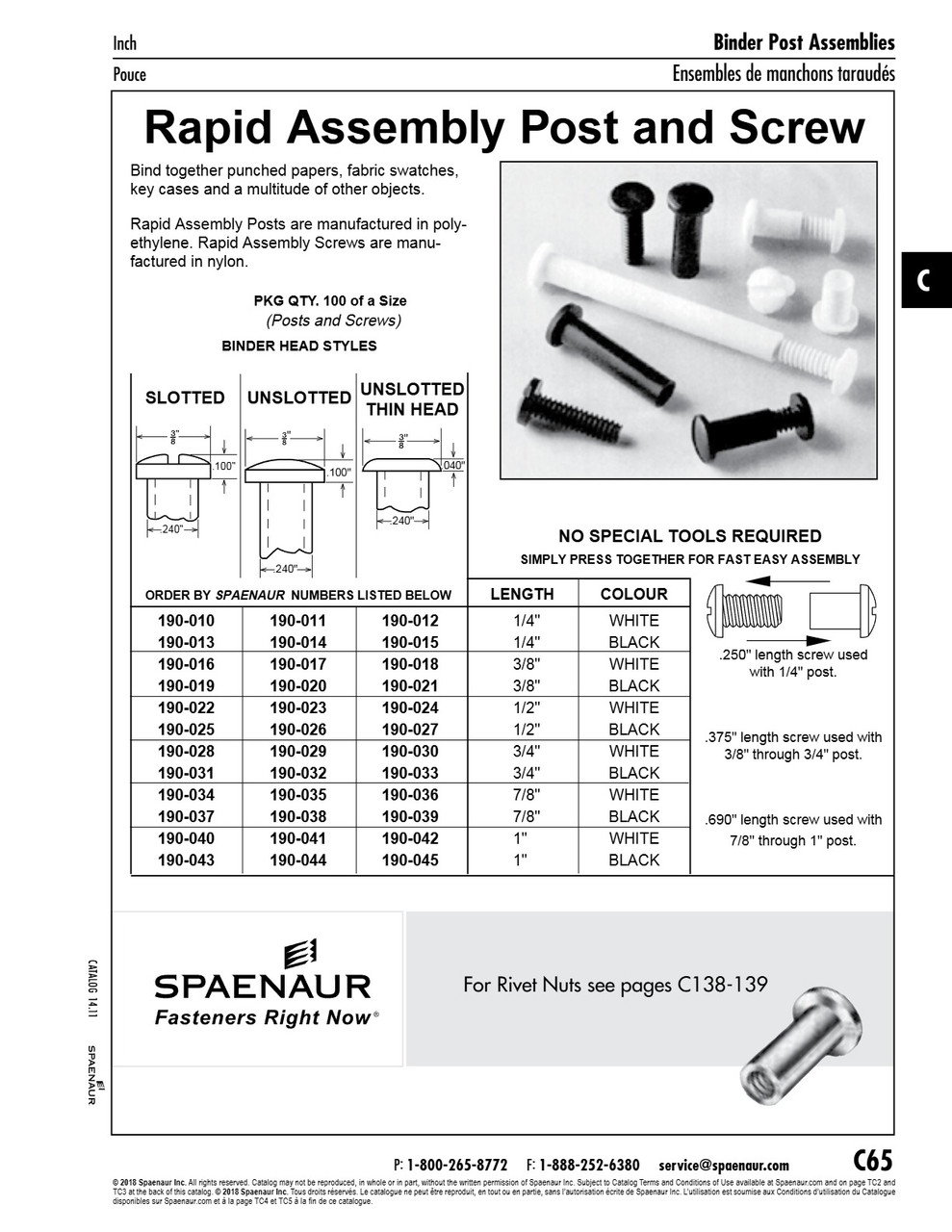Binder Post & Screw (Nylon) Slot Head Rapid Assembly .240" Dia X 1/2" Lg Polyethylene Post White Colour   190-022