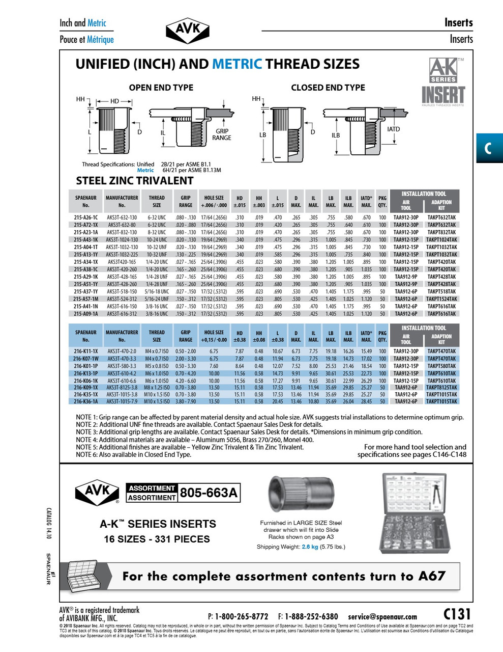 A-K Series Knurled Threaded Insert Standard Open End #10-32 Unf X .130-.225" Grip Steel Trivalent Zinc Plated   215-A13-1Y