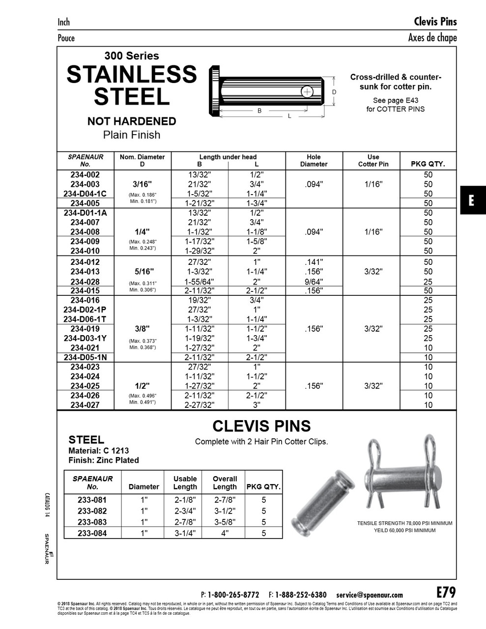 Clevis Pin 3/16" Dia X 21/32" To Hole Center X 3/4" Lgth U/H 3/32" Hole Dia 300 Series Stainless Steel- Not Hardened Plain   234-003