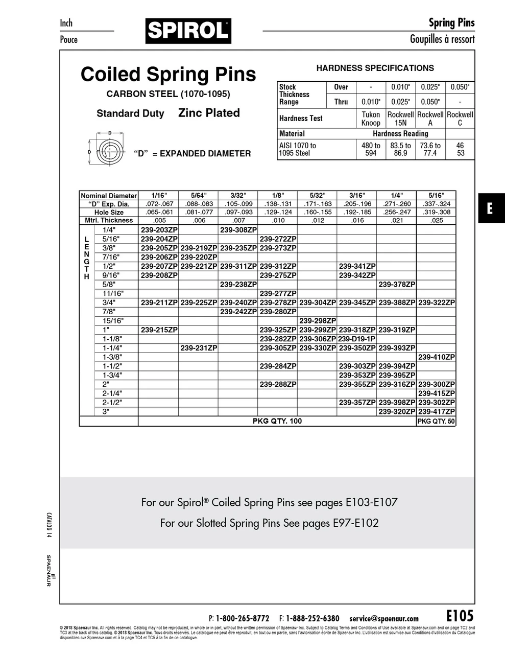 Coiled Spring Pin 3/32" X 3/4" Spring Steel Zinc Plated   239-240ZP