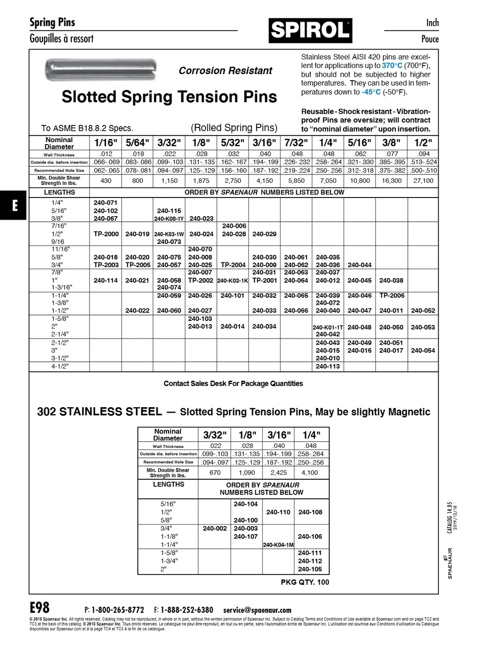 Slotted Spring Tension Pin 7/32" Nom Dia X 1 1/4" Lgth Type 420 Stainless Steel Plain Ansi B18.8.2-1978   240-065