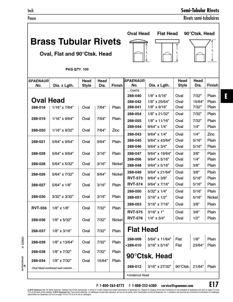 Oval Head Tubular Rivet 1/8" X 11/16" L (7/32" Head Dia) Brass   288-055