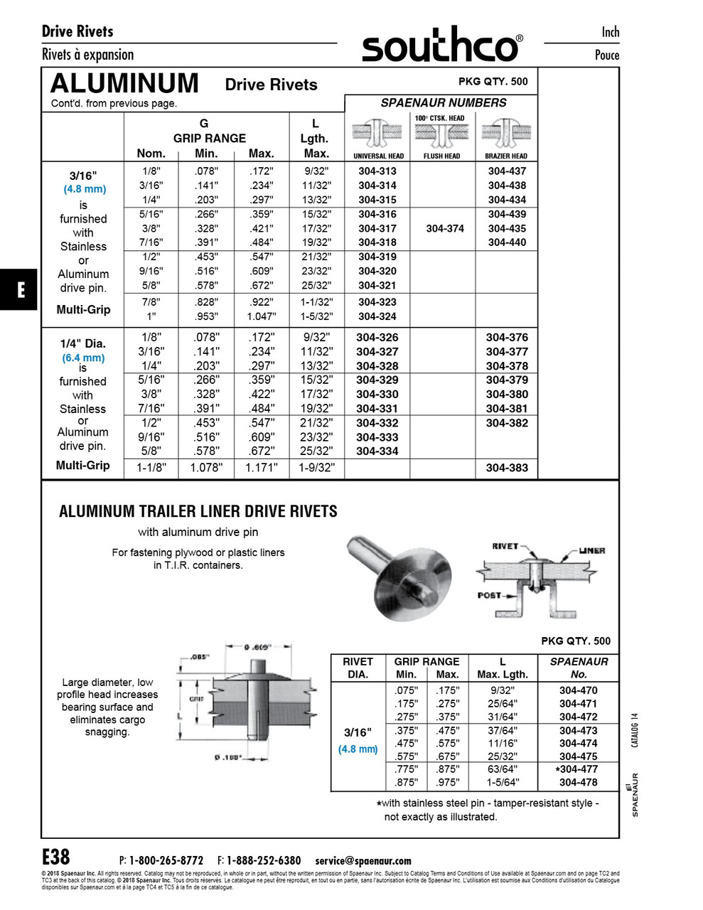 "Trailer Liner" Drive Rivets 3/16"Dia X 37/64"Lgt (.375"-.475" Grip) Aluminum   304-473