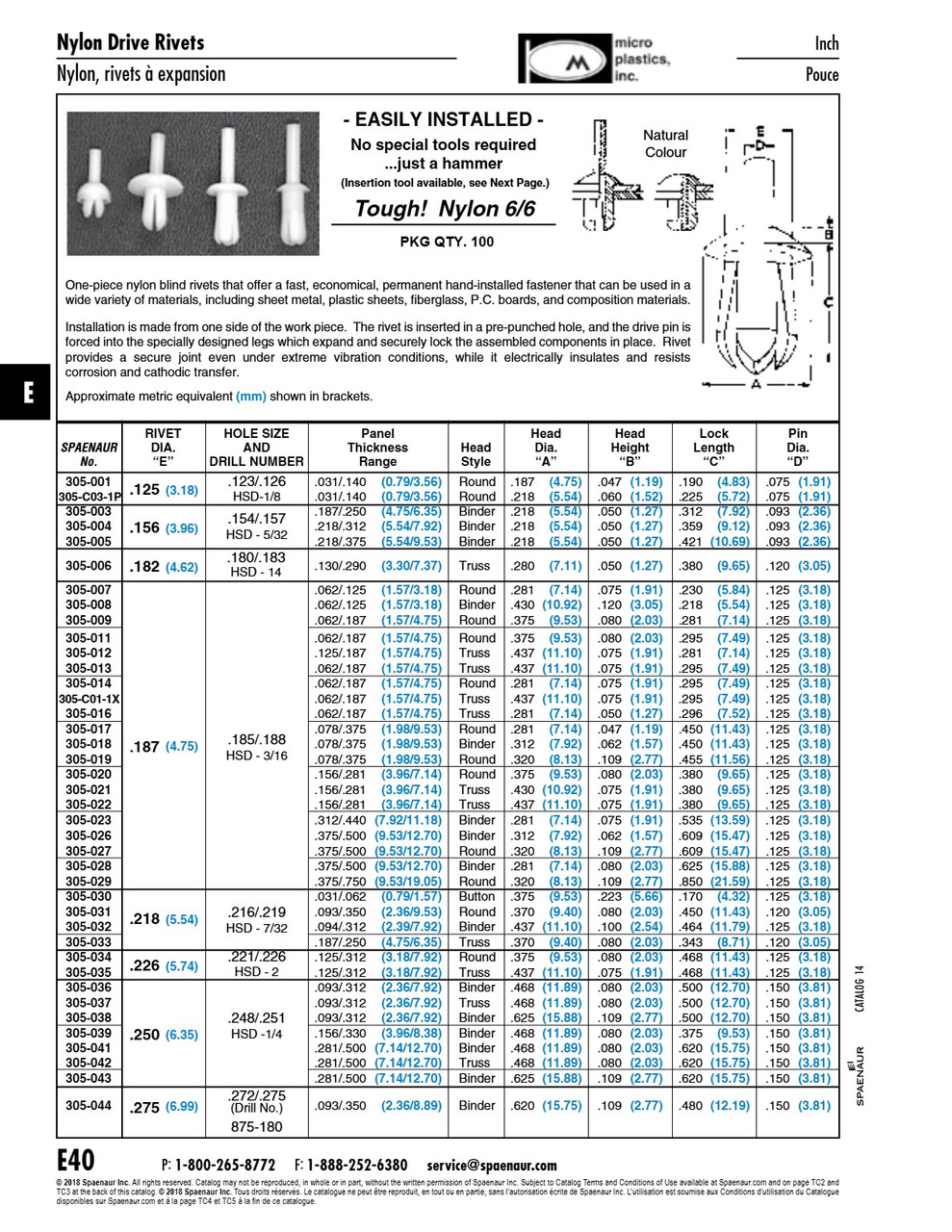Nylon Drive Rivet Truss Head .250" Dia X .620" Lgt X .281"/.500" Grip Nylon 6/6 Natural   305-042