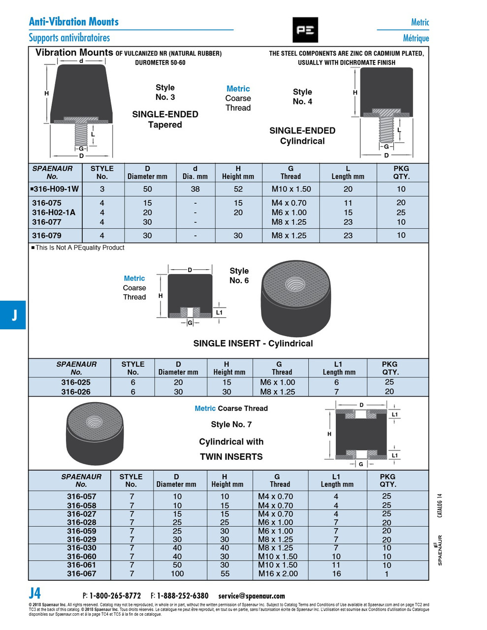 Anti-Vibration Mount Cylindrical W/ Twin Inserts 40Mm Od X 30Mm Ht X M10 Thrd Vulcanized Natural Rubber 50-60 Duro   316-060