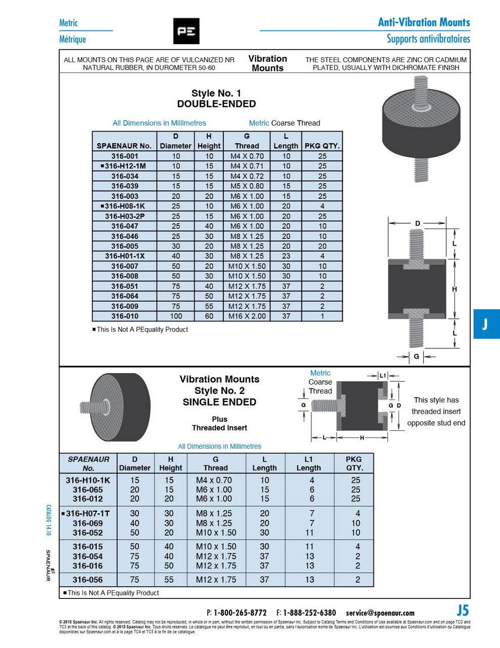 Anti-Vibration Mount Double-Ended 25Mm Od X 15Mm Ht / M6X18Mm Thrd Vulcanized Natural Rubber 50-60 Duro   316-H03-2P