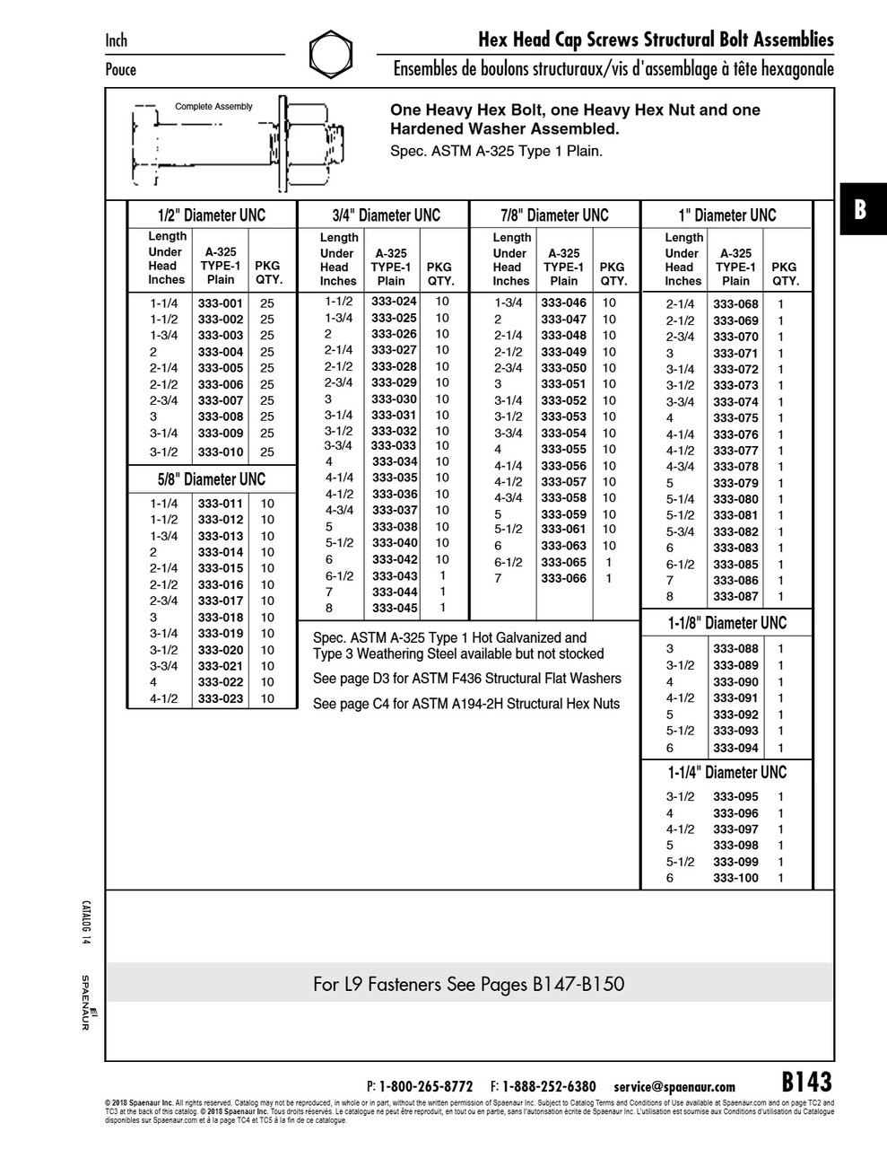Heavy Hex Structural Bolt W/Nut & Washer Assembled 3/4"-10 Unc X 4 1/2" A-325 Steel   333-036
