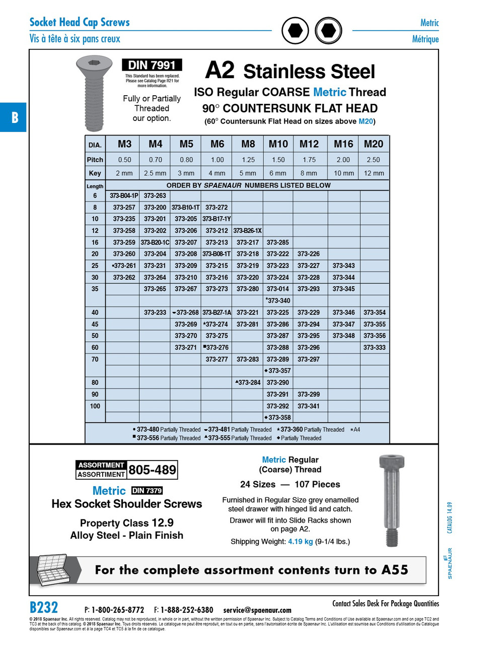 Flat Head Hex Socket Cap Screw 90 Deg Countersunk M5 X .80P X 20Mm Full Thread A2 Stainless Steel Din 7991/A2/Full M5X20   373-208