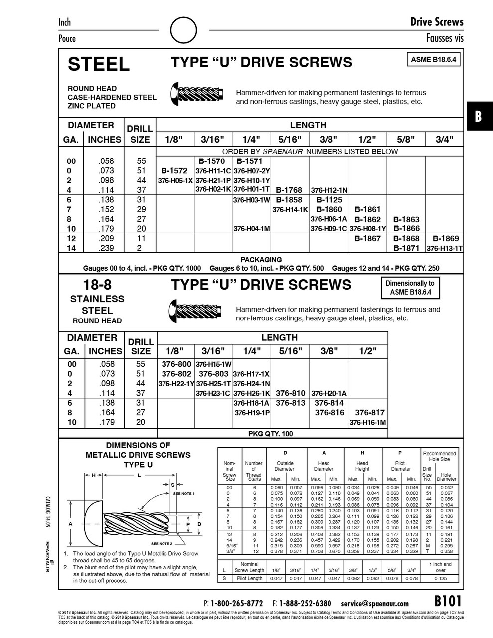 Type "U" Drive Screws Round Head #00 Ga (.058") X 1/8" Lg Use Drill #55 18-8 Stainless Steel   376-800