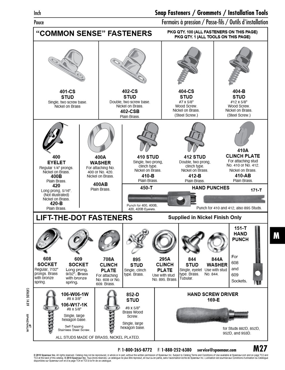 Common Sense Stud Single Clinch Type 2-Prong Brass Stud Steel Spring Plain   410-B