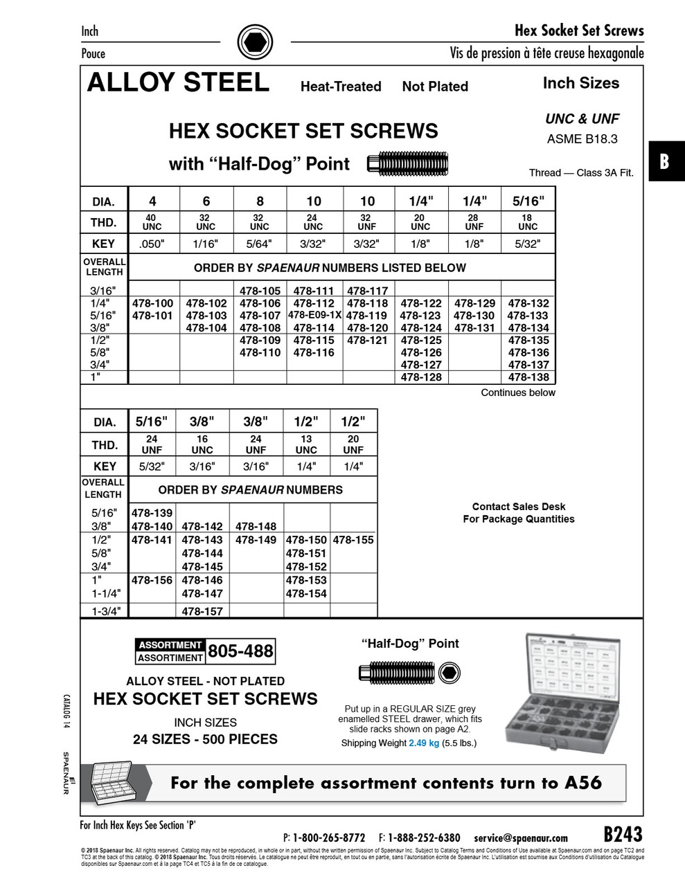 Hex Socket Set Screw Half Dog Pt 3/8"-16 Unc X 1/2" Lg Alloy Steel Heat Treated Plain Ansi B18.3-1986   478-143