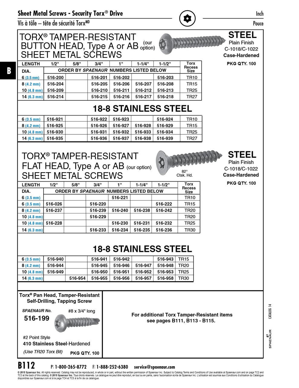 Button Head Torx Tamper-Resistant Sheet Metal Screw #8 X 3/4" (T-15) 18-8 Stainless Steel   516-926