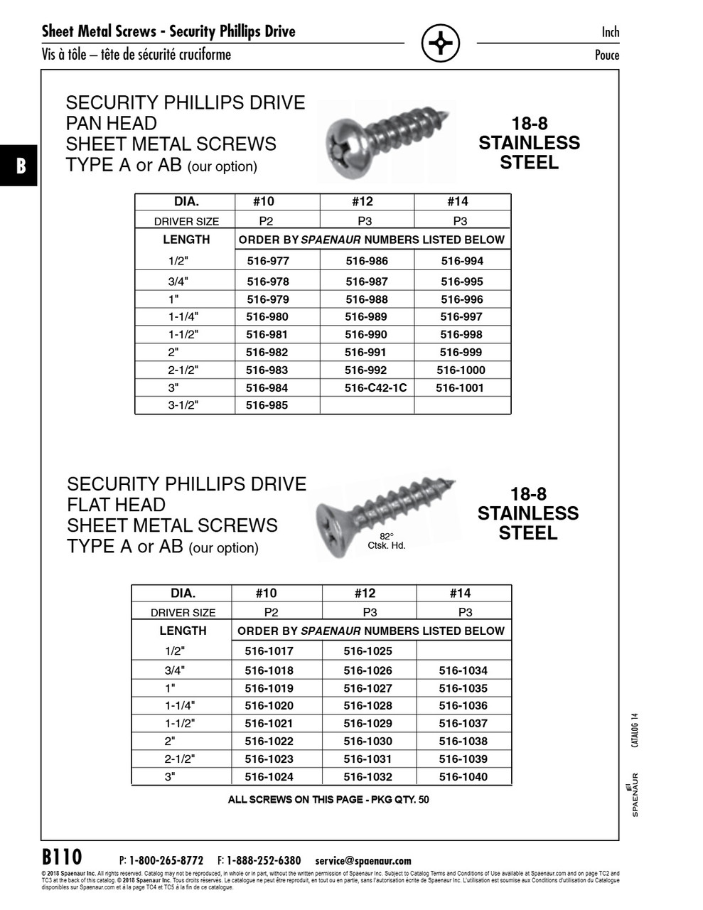 Security Sheet Metal Screw Phillips-Pin Pan Hd #14 X 1 1/2" Type A 18-8 Stainless Steel   516-998
