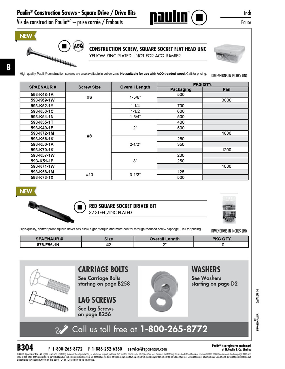 Construction Screw Square Socket Flat Head Unc #8 X 1 3/4"Lg Steel Yellow Zinc Plated Not Acq Approved 500Pc Per Jar   593-K54-1N