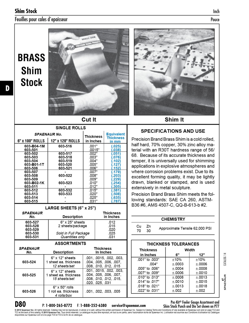 Shim Stock Assortment (12 Sheets) 6" X 12" Sheets (.001" To .015" Th) Brass Not Plated   603-524