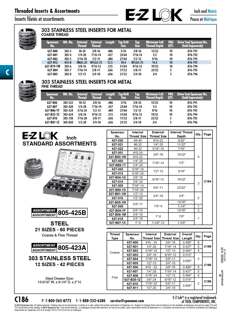 E-Z Lok Threaded Insert Self Locking Thread #10-24 Unc Internal Thread 3/8-16 Unc External Thread .406 Lgth 303 Stainless Steel Passivated   627-800