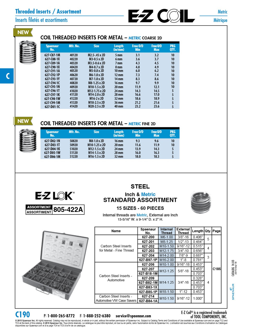 E-Z Coil Helical Thread Insert Metric Coarse M8 X 1.25Mm X 16.0Mm Length 18-8 Stainless Steel E-Z Lok # 40820   627-C94-1C
