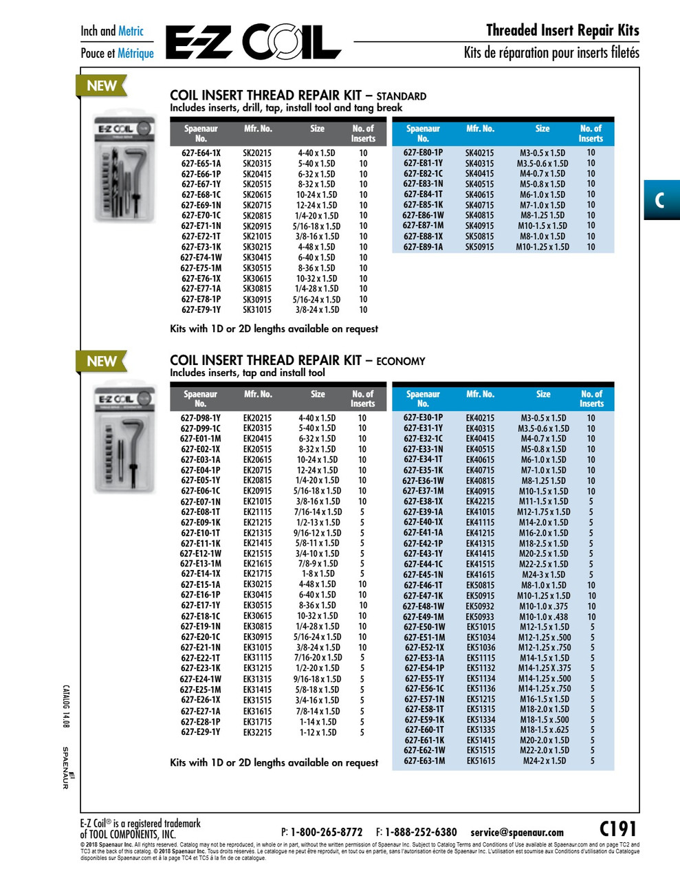 Standard Kit - Includes Inserts 1 Drill 1 Tap 1 Install Tool And Tang Break Thread Size M8-1.25 X 1.5 E-Z Lok # Sk40815   627-E86-1W