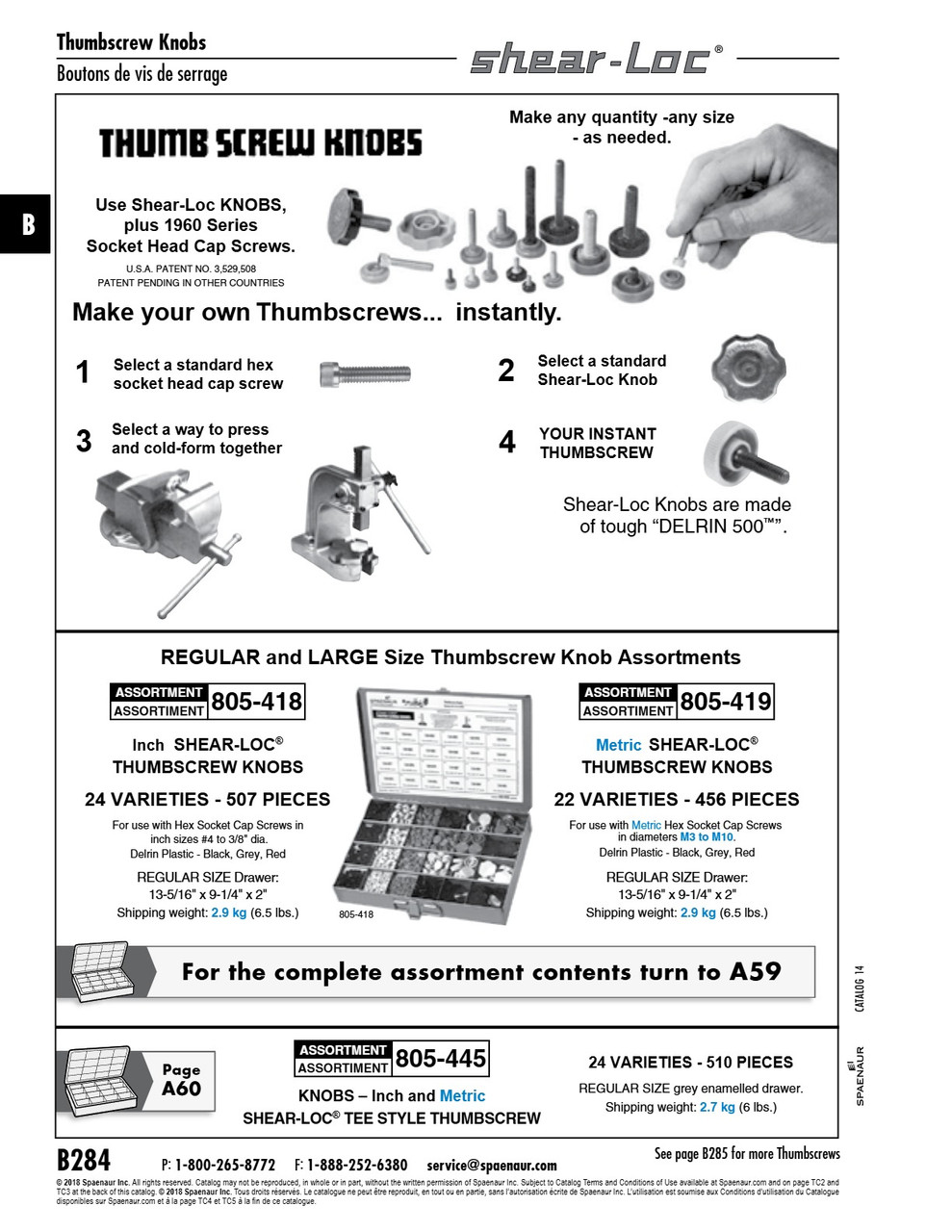 Assortment Of Thumb Screw Knobs Shear Loc Tee Style Inch + Metric Delrin Plastic Black Grey Red In Metal Box   805-445