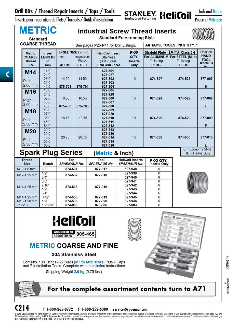 Assortment Of Helicoil Inserts Spark Plug Series 18-8 St St With Taps & Tools In Metal Box   805-466
