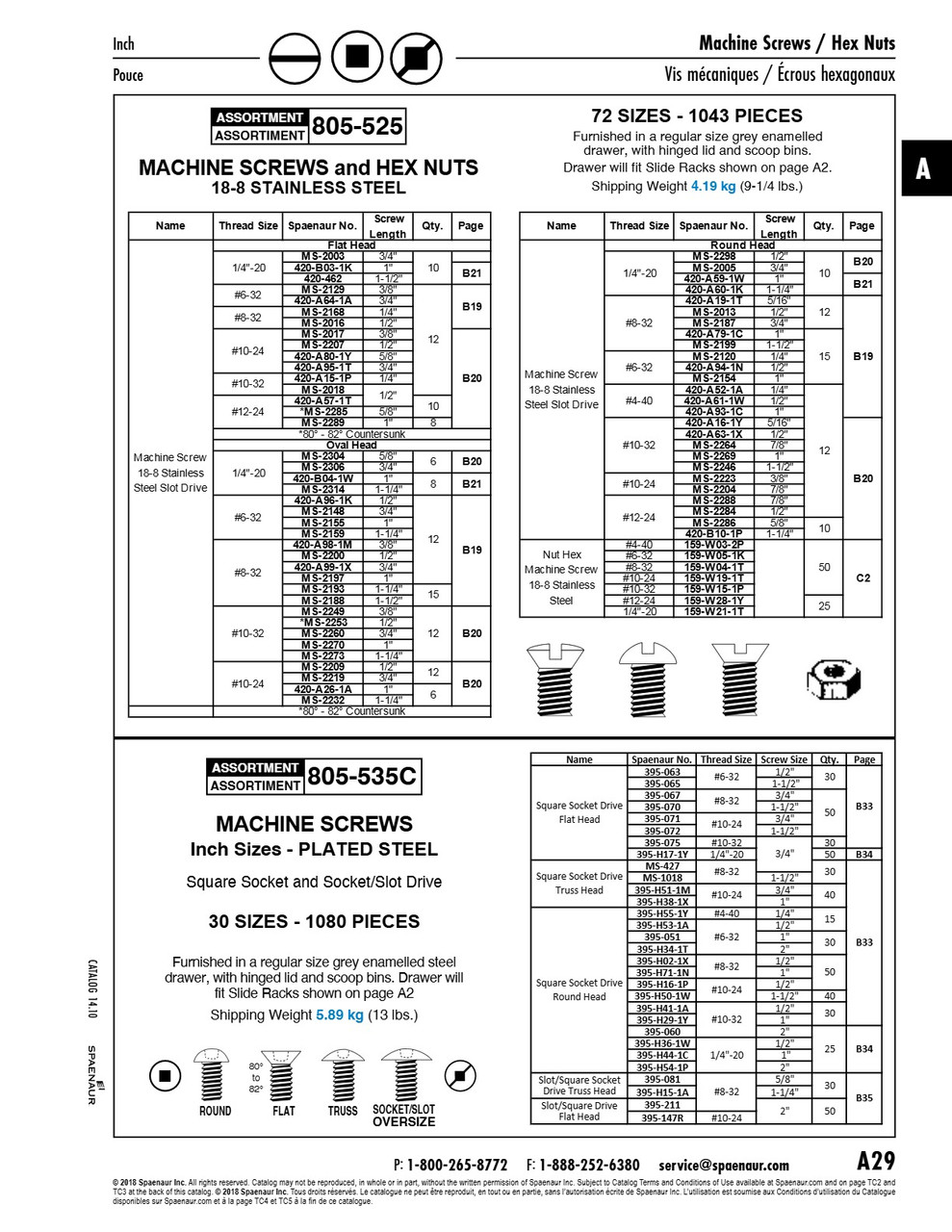 Assortment Of 18-8 Stainless Steel Slot Machine Screws & Hex Nuts In Grey Enamelled Steel Drawer Ansi   805-525