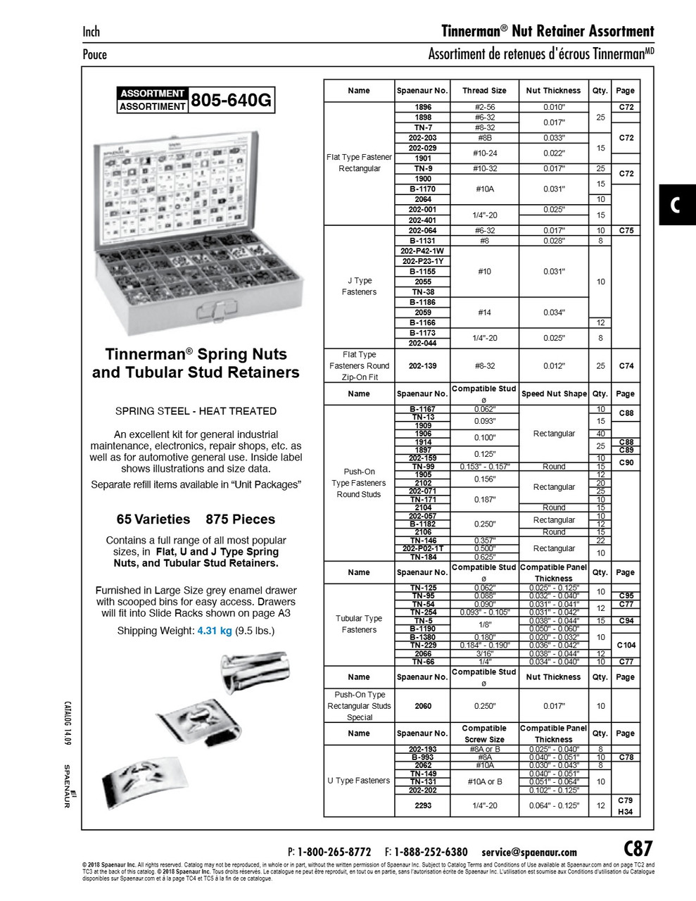 Assortment Of Spring Nuts And Tubular Stud Retainers 62 Varieties 875 Pieces In Metal Drawer   805-640G