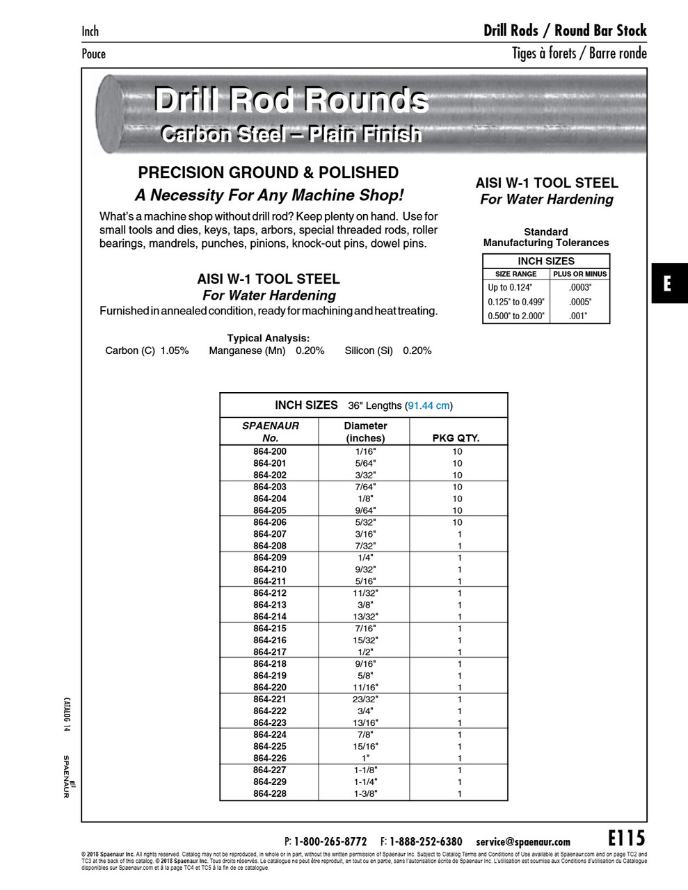 Drill Rod Rounds 5/16" Dia X 36" Lgth Carbon Steel Aisi W-1 Annealed Ground & Polished   864-211