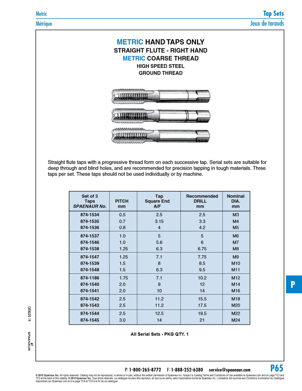 3 Piece Serial Tap Setdin Standard M24 X 3.0 High Speed Steel Ground Thread   874-1545