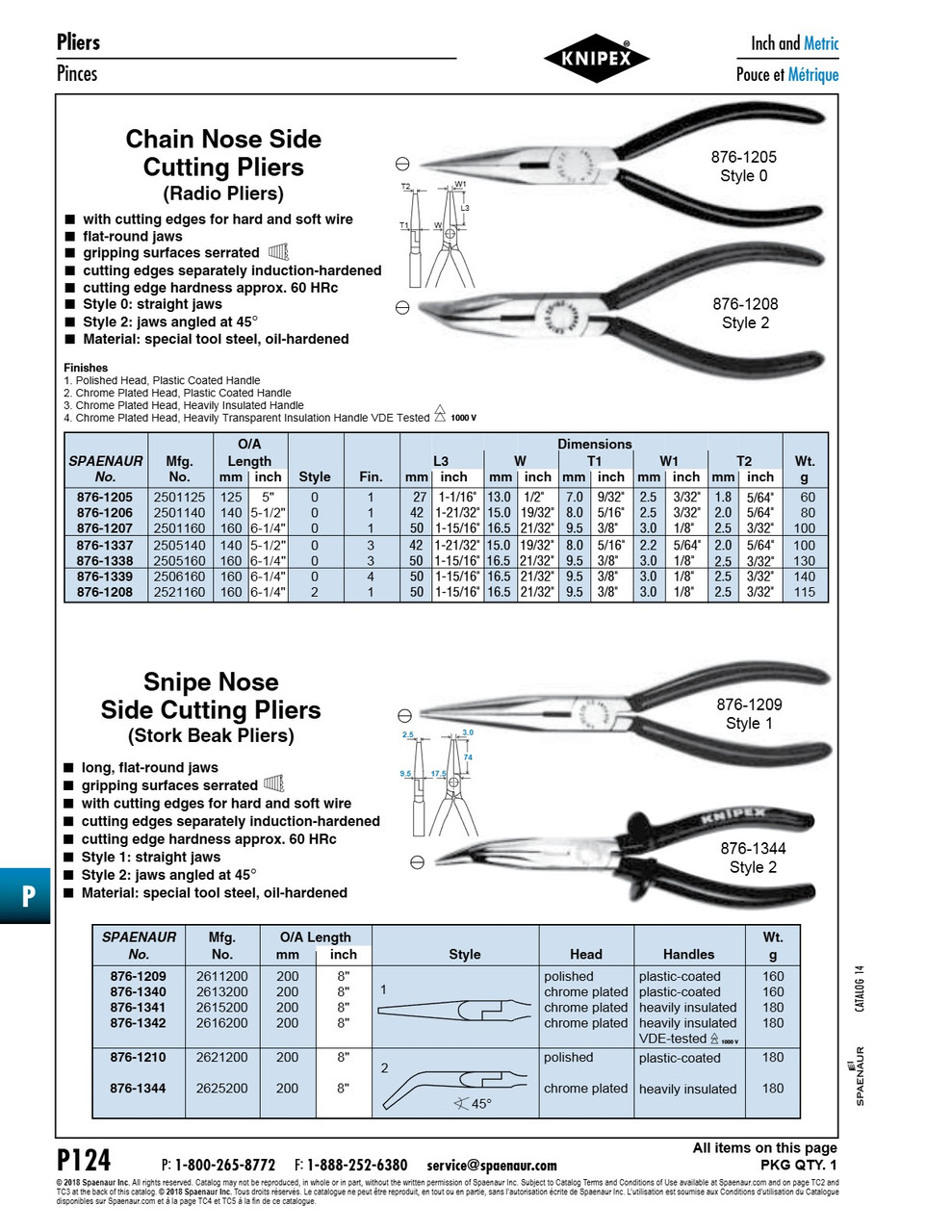Chain Nose Side Cutting Plier Angled Jaws 160Mm (6 1/4") Lgth Tool Steel Polished Head Plastic-Coated Handles   876-1208