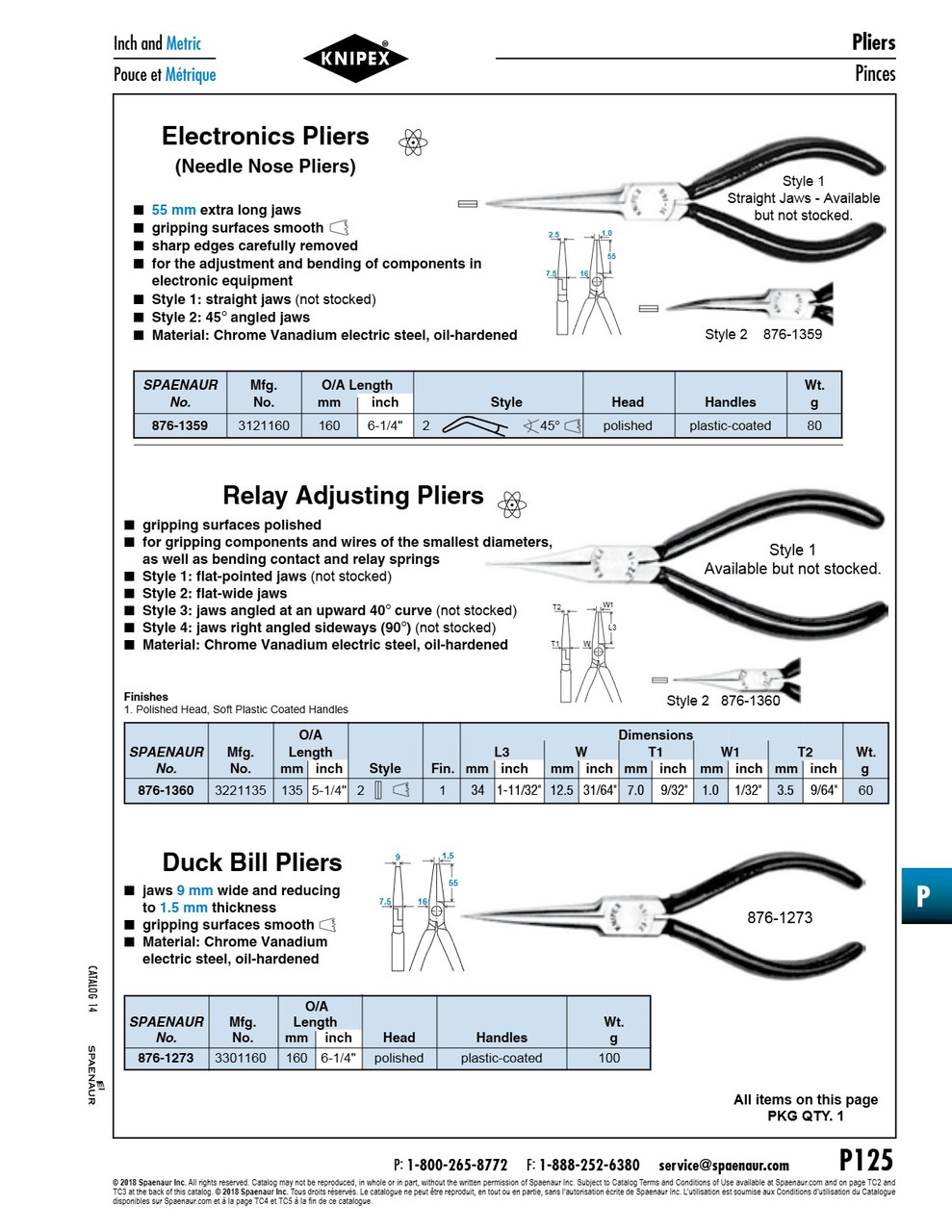 Duck Bill Pliers 160Mm (6 1/4") Lgth Chrome Vanadium Steelpolished Head Plastic-Coated Handles   876-1273