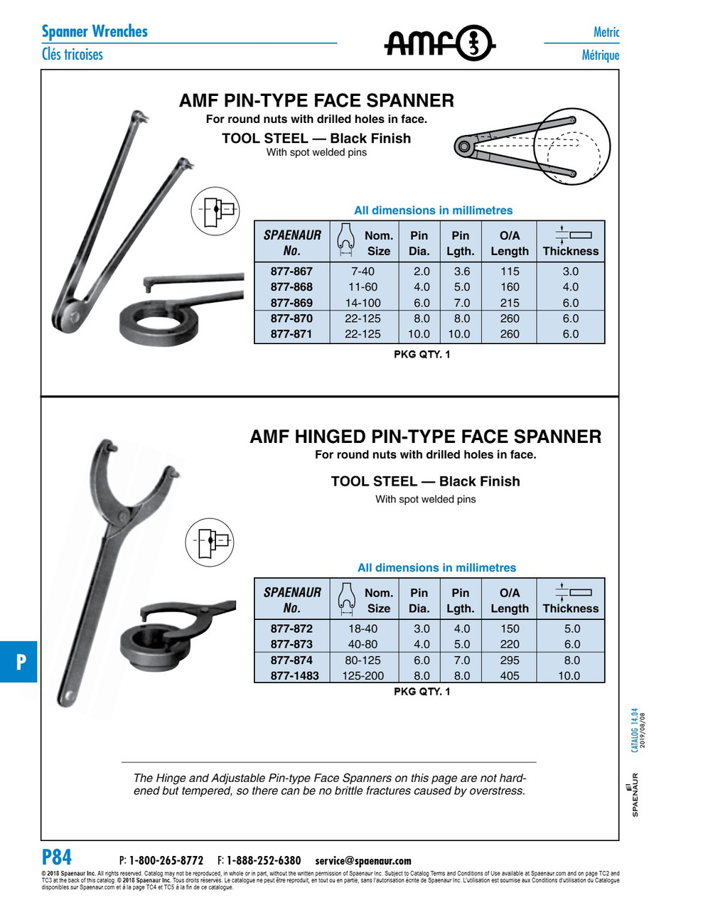 Hinged Pin Spanner For Nuts With 2 Holes 80-125Mm Range 6Mm Pin Dia Special Steel   877-874