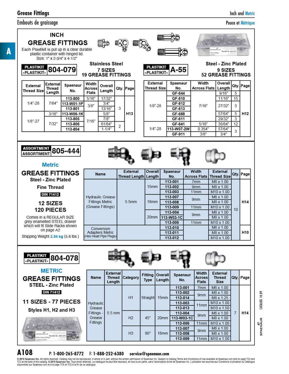 Plastikit Of Grease Fittings 1/4"-28 Taper & 1/8" Ptf 9 Sizes 52 Pcs Steel Zinc Pltd   A-55