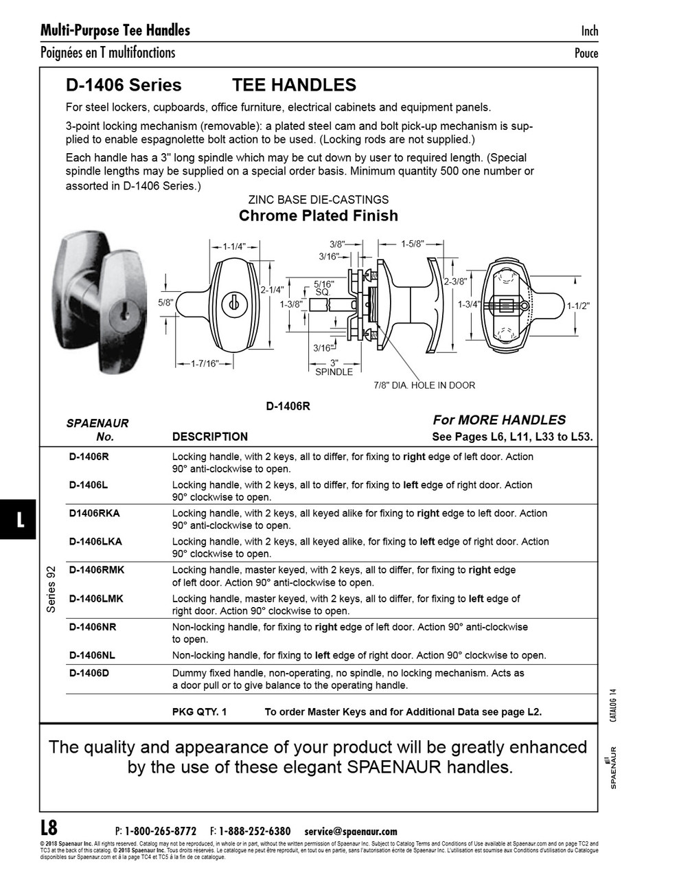 Non Locking T Handlefix To Right Edge Of Door 90 Deg Anti-Cw To Open Die-Cast Chrome Plated   D-1406NR