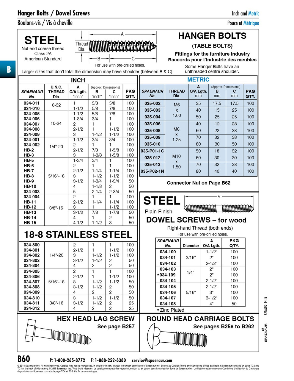 Hanger Bolt Nut End Coarse Thread 5/16"-18 X 3" Steel Plain   HB-8