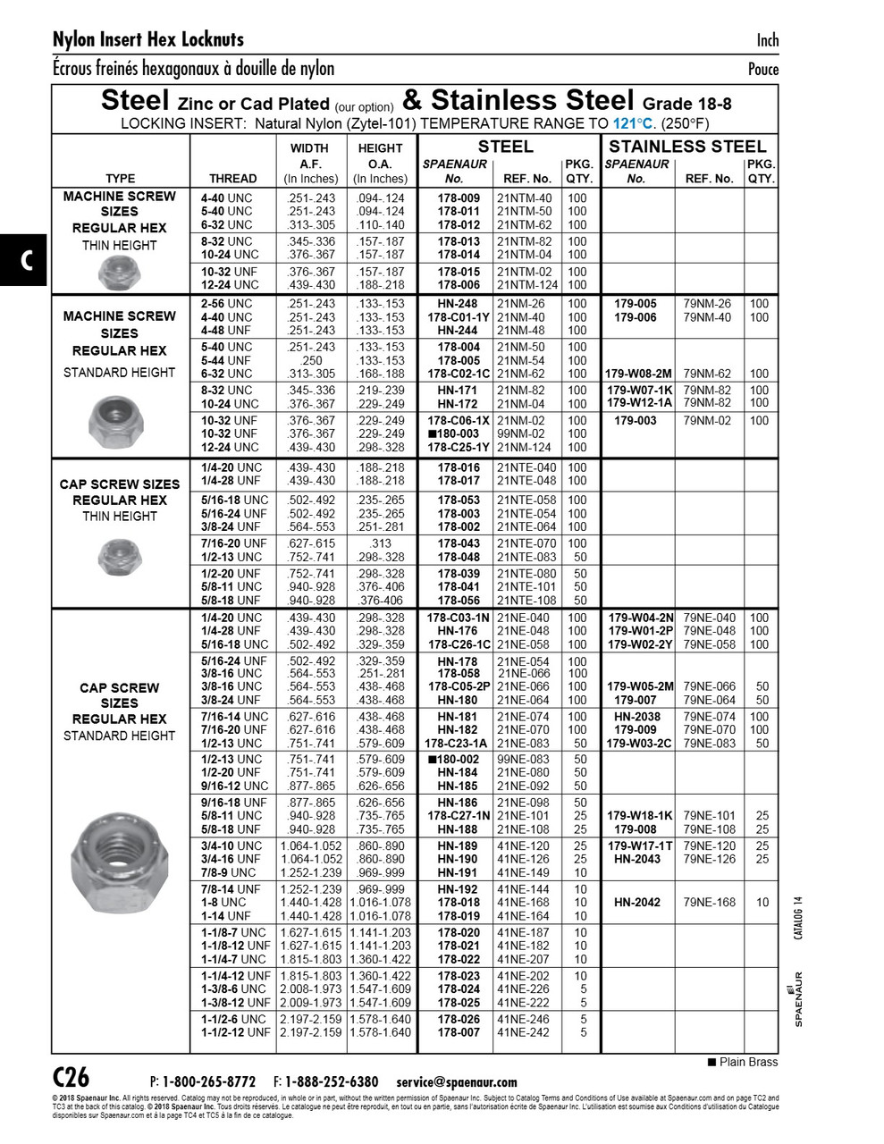 Hex Lock Nut With Nylon Insert Ref #79Ne - 168 1.440 - 1.428" Waf 1"-8 Unc 1.047+/- .031" O/A Ht 18-8 Stainless Steel   HN-2042