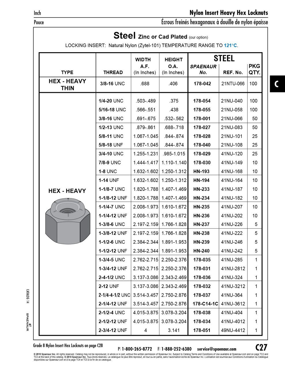 Hex Locknut Nylon Insert Ref.No.41Nu-207 2.008"-1.973" Waf 1 1/4"-7 Unc 1.641"+/-.031" O/A Ht Low Carb Steel Zinc Pl   HN-235