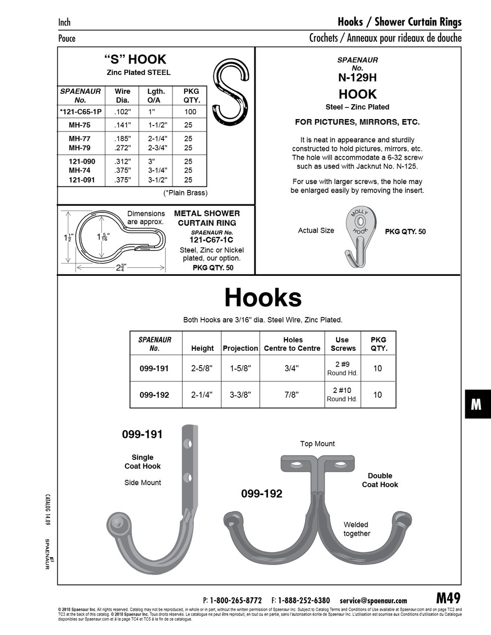"S" Hook 0.272" Wire Dia. X 2 3/4" O/A Lgth. Steel Zinc Plated   MH-79
