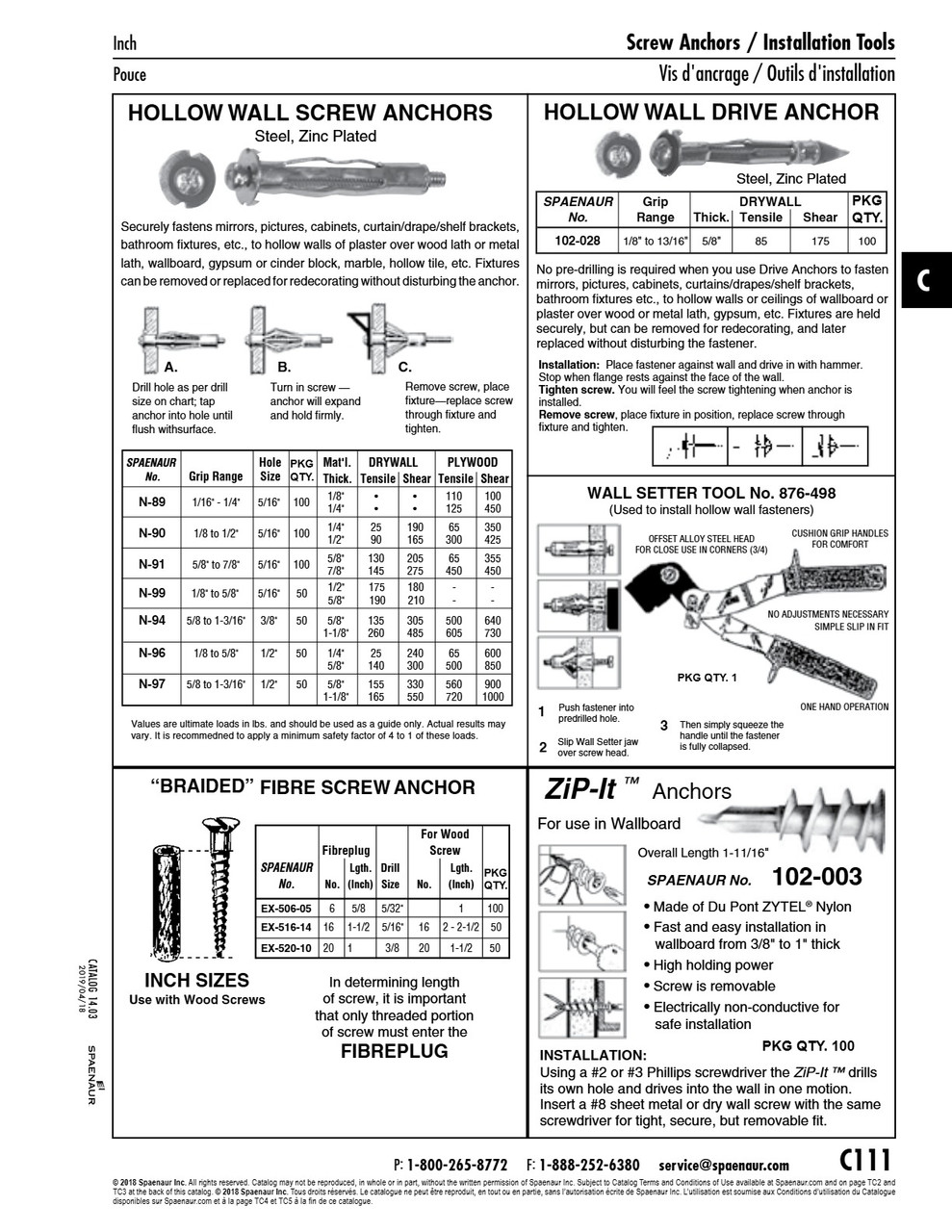 Wall Grip Screw Anchor 1/4"-20 (5/8"-1-3/16" Grip Range) 1/2" Drill Size Steel Zinc Plated   N-97