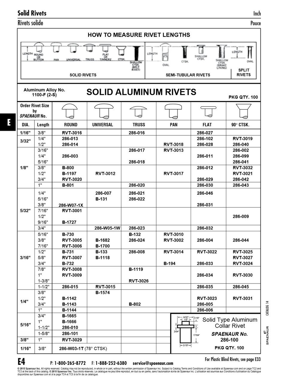 Solid Aluminum Rivet Universal Head 1/8" Dia X 1/2" Lgth Aluminum-1100F Plain Meets Specifications Of Ansi B18.1.1-1972(R1980)   RVT-3012
