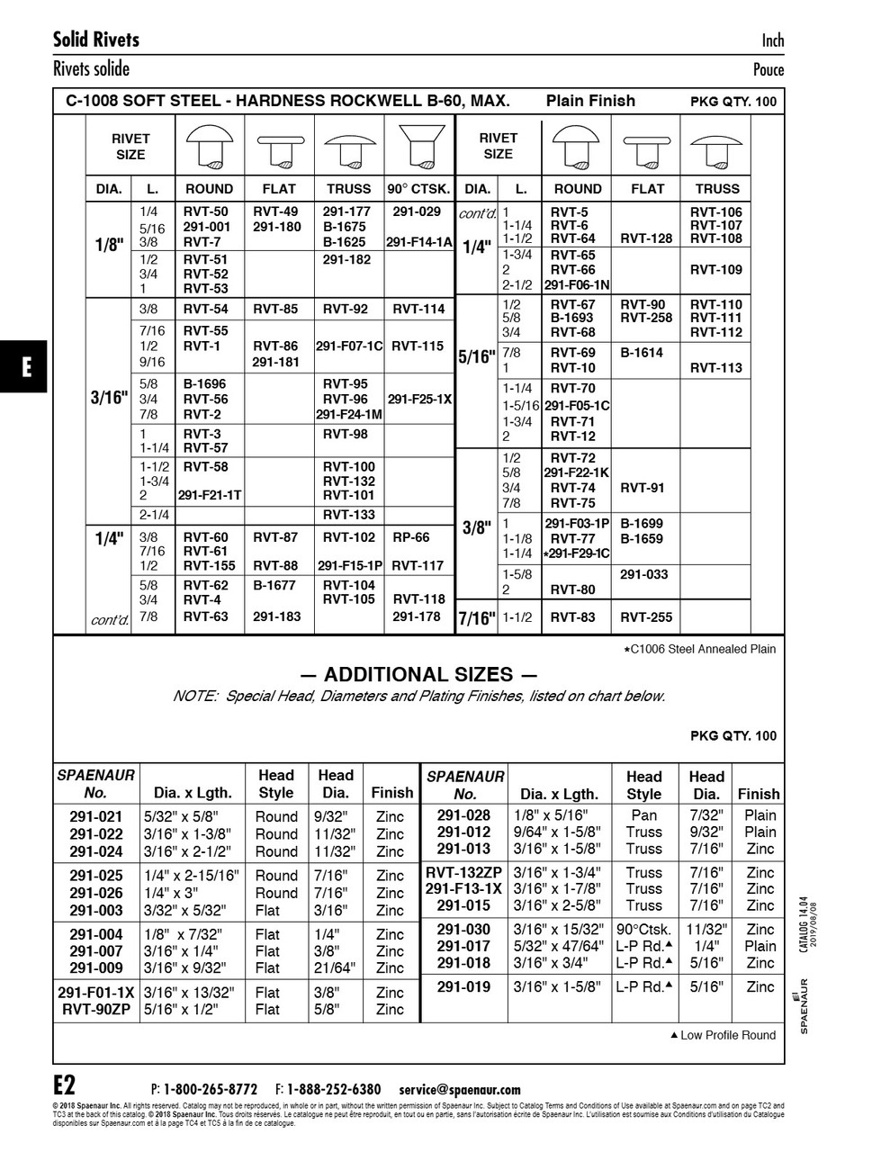 Solid Steel Rivet Truss Head 3/16" Dia X 1" C1008 Steel Annealed Plain Meets Specifications Of Ansi B18.1.1-1972 (R1981)   RVT-98