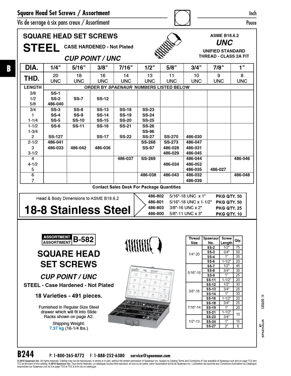 Square Head Set Screw Cup Point 3/8"-16 Unc X 2" Long Steel Case Hardened Plain Ansi B18.6.2   SS-17
