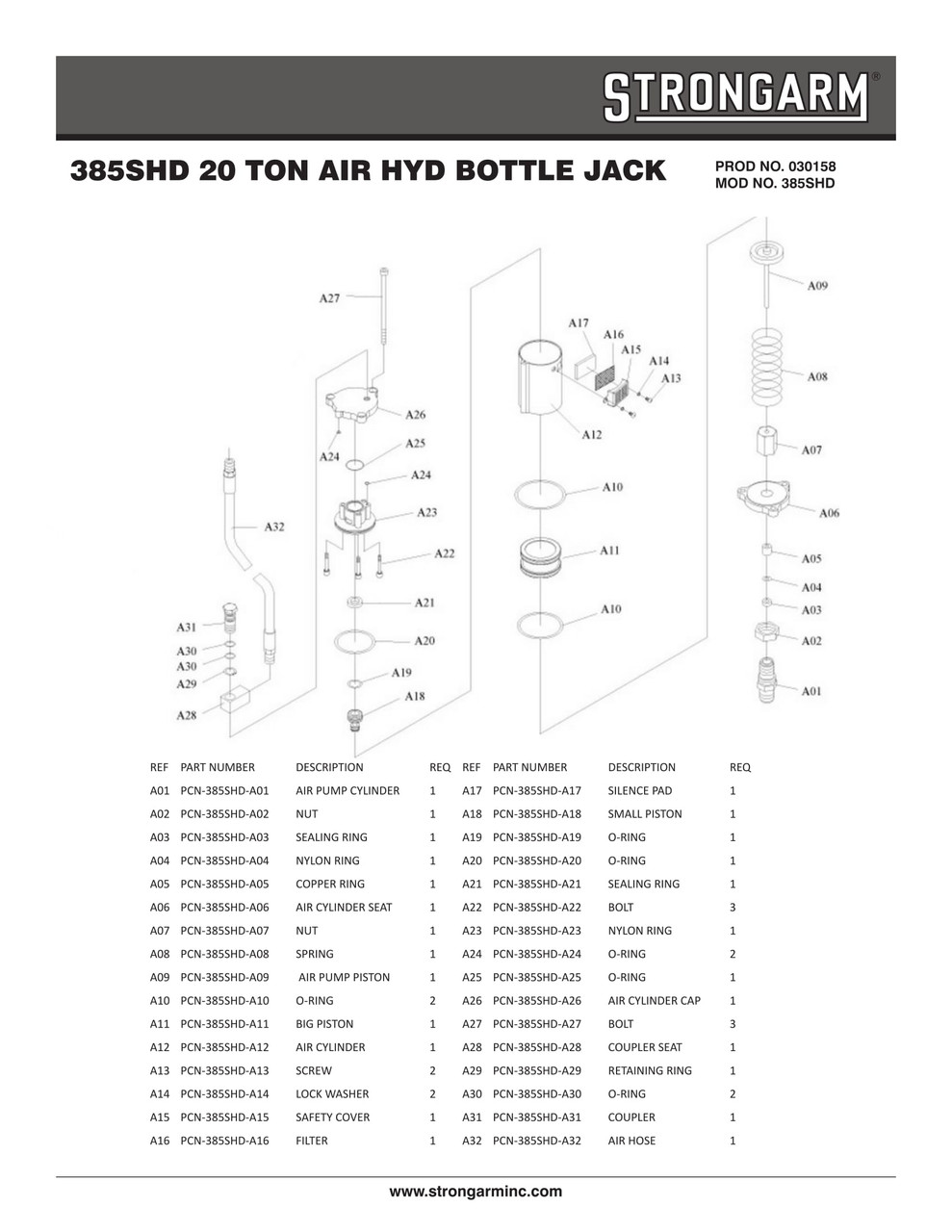 20 Ton Air/Hydraulic Bottle Jack - Super Heavy Duty  030158