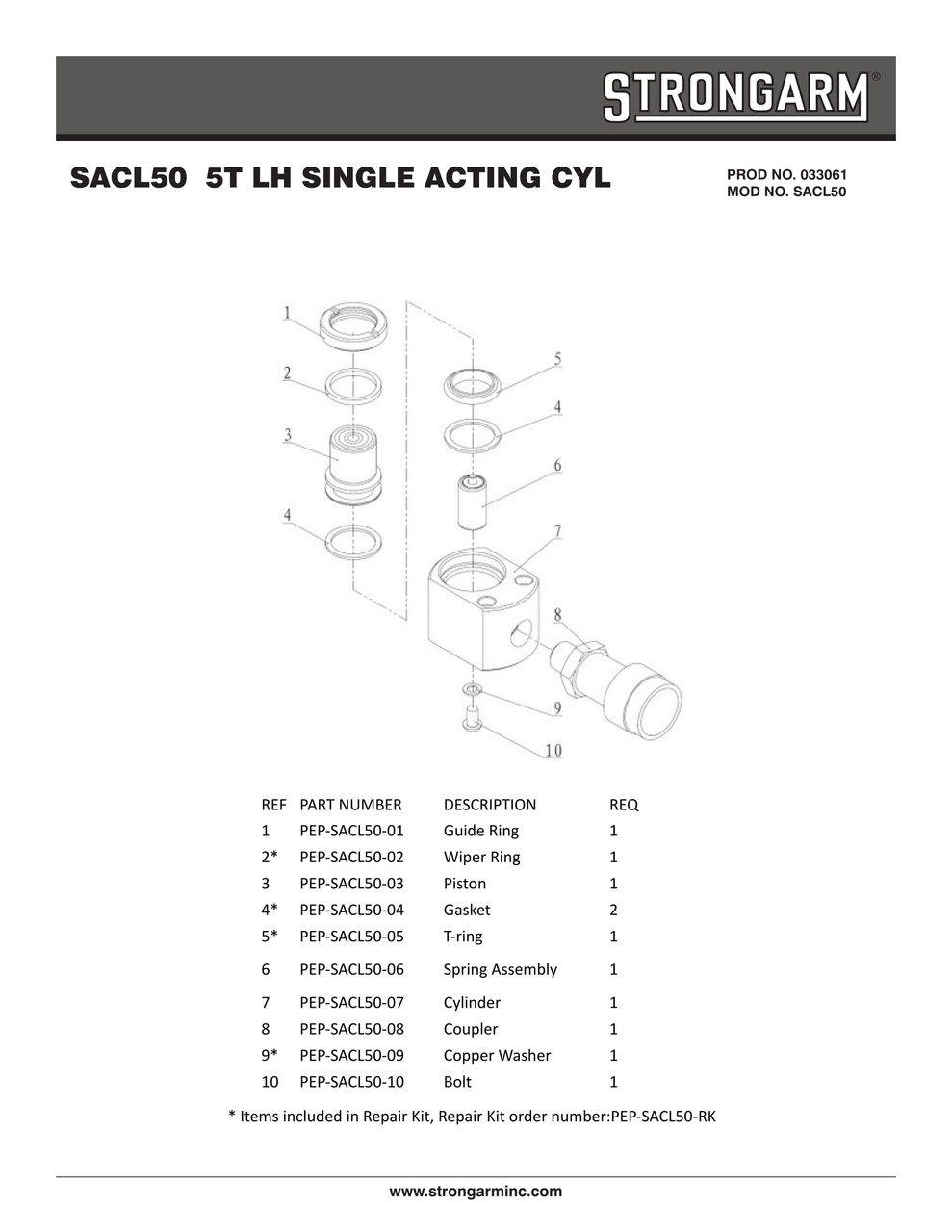 .24" Stroke 5 Metric Ton Low Single Acting Cylinder  033061