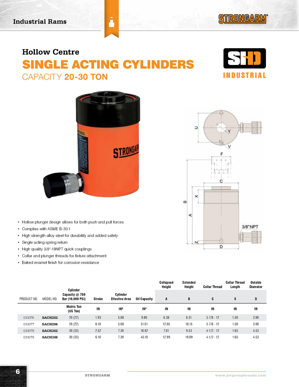 6" Stroke 20 Metric Ton Hollow Centre Single Acting Cylinder  033077