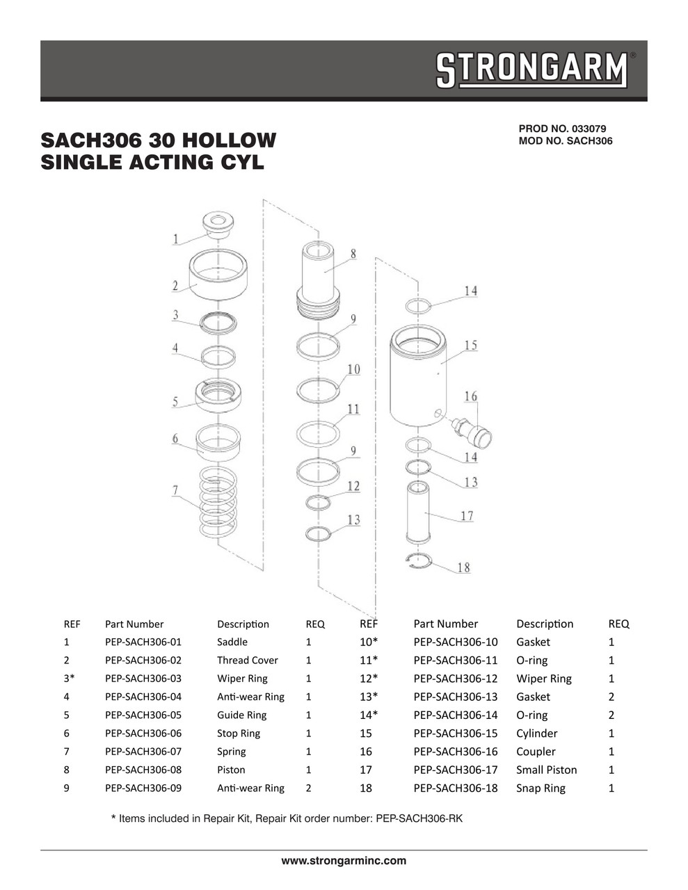 6" Stroke 30 Metric Ton Hollow Centre Single Acting Cylinder  033079