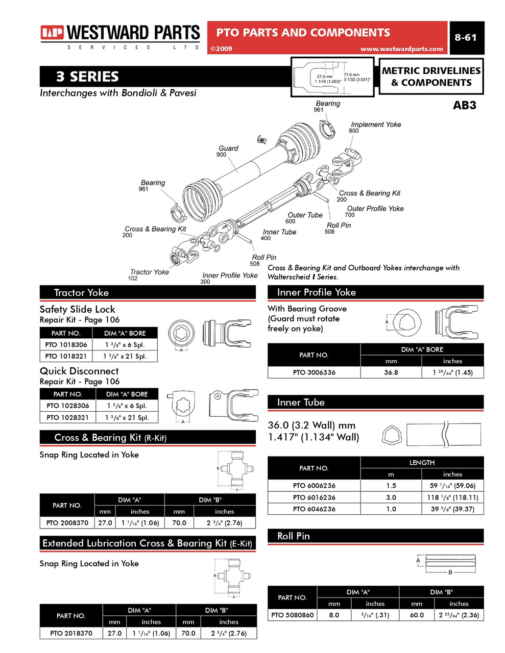 1-3/8"-6 Spline - Push Pin QD Yoke - Bondioli® 3 / Walterscheid® AW11 Series  PTO102-8306