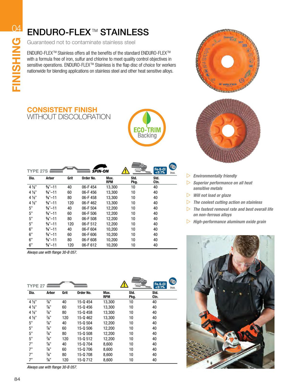 Enduro-Flex Stainless® 10 Pc. 5 x 7/8" 80G Flap Disc   15Q508