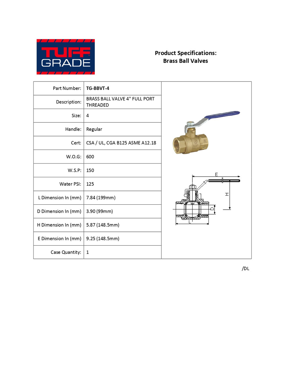 4" Forged Brass 600 PSI Female NPT Ball Valve  TG-BBVT-4