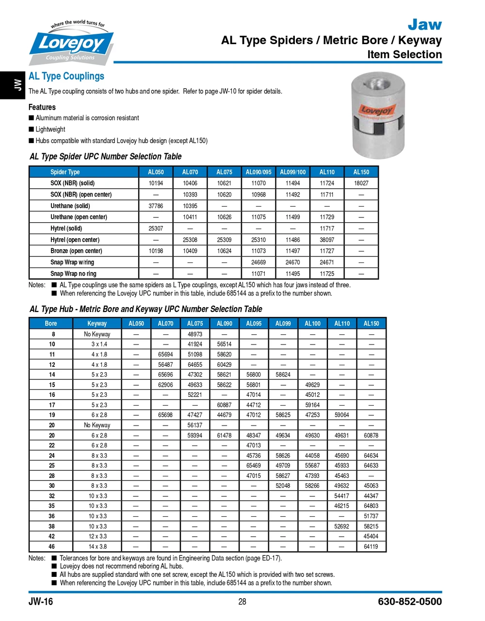 19mm Shaft Lovejoy® Jaw Style Coupling Half   AL099-HUB-19MMH7-6X2.8MMKW