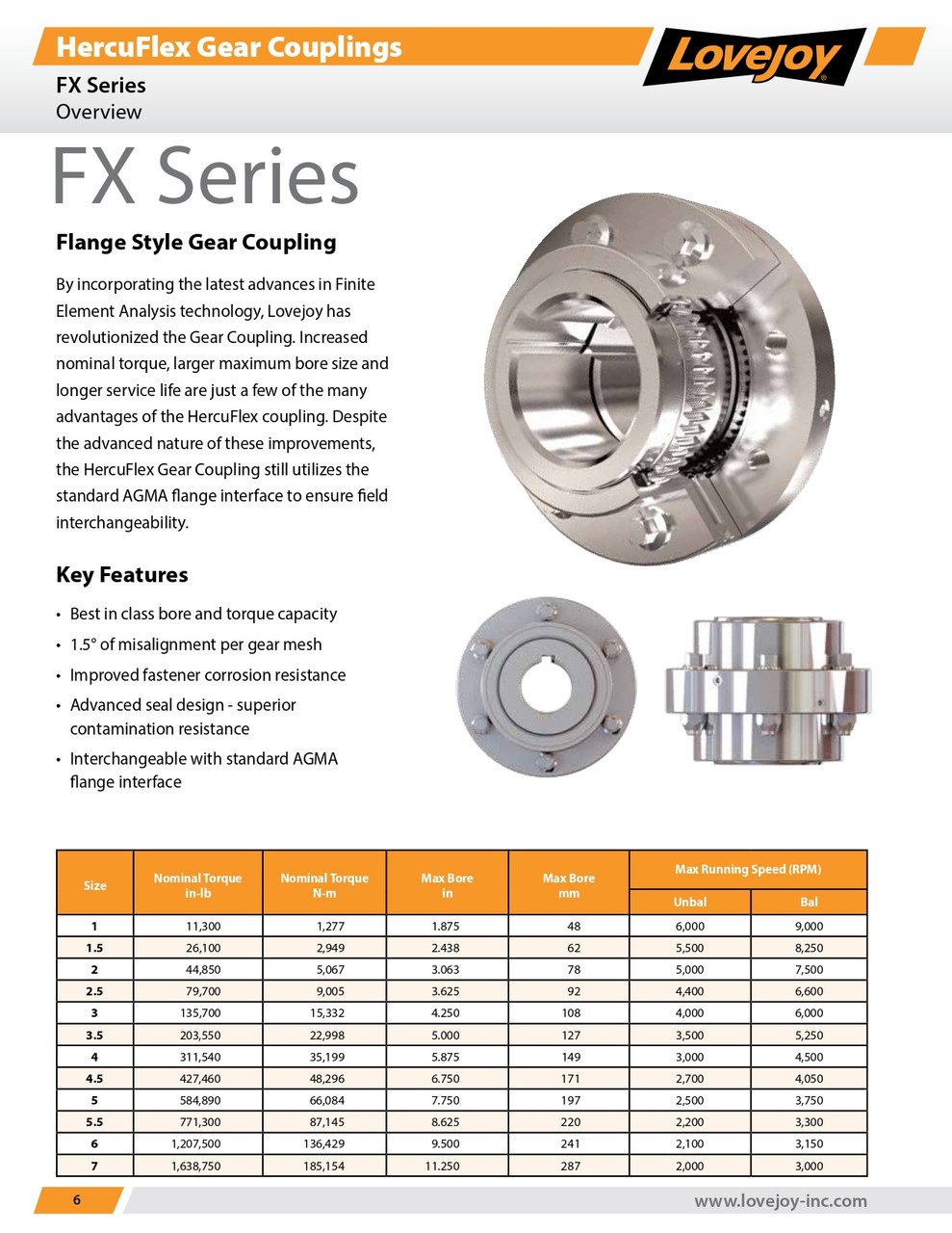 6.921 - 6.923" Shaft Lovejoy® Series FCX-5 HercuFlex® Gear Coupling Half   FCX-5-HUB-6.921/6.923-1-3/4X3/4KW